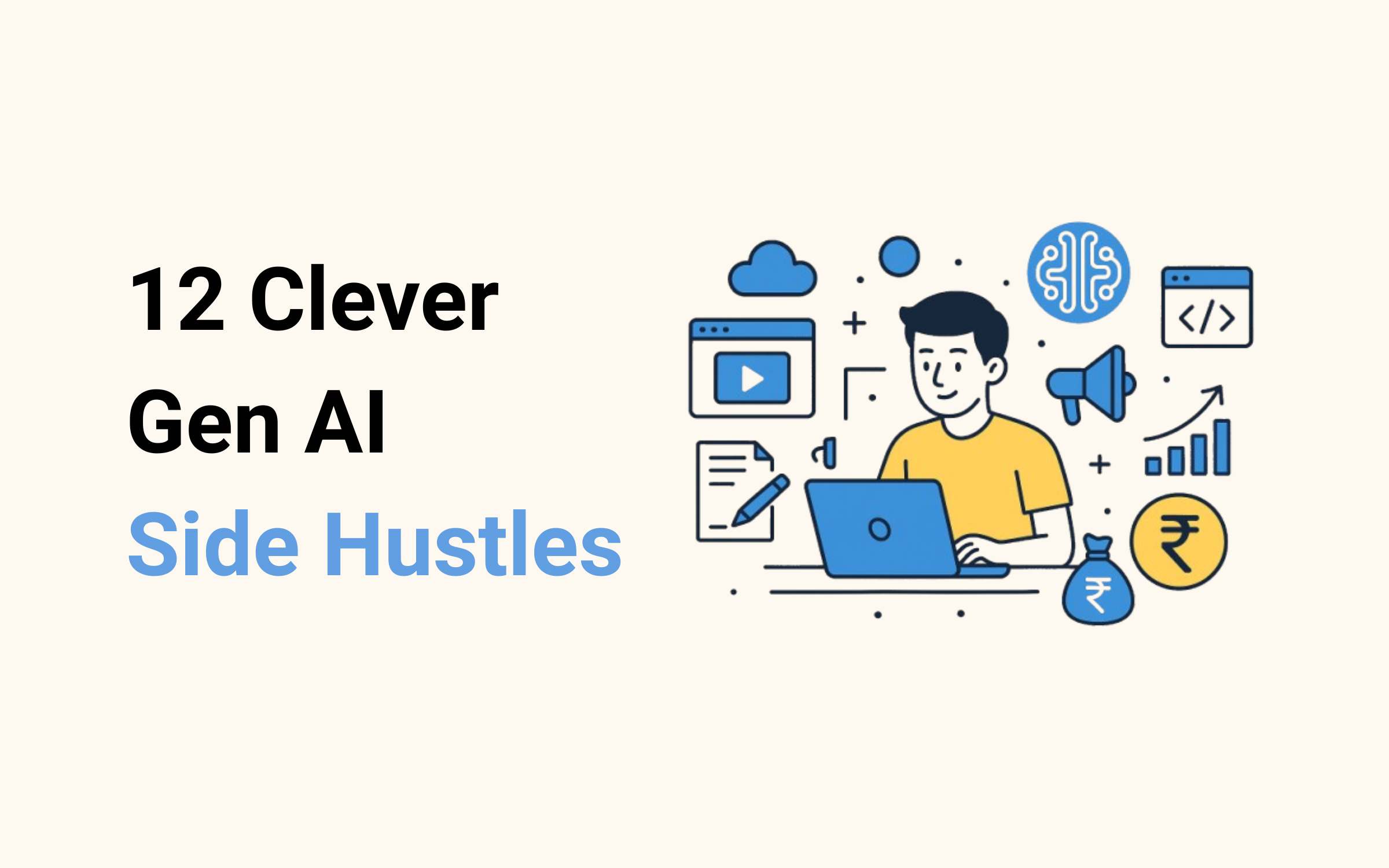 Hero image showing a young professional at a desk with a laptop, surrounded by icons representing AI side hustles in 2025 - content creation, coding, marketing, design, and digital tools. Floating symbols include a cloud, AI brain, money bag with ₹ symbol, and an upward-trending chart.